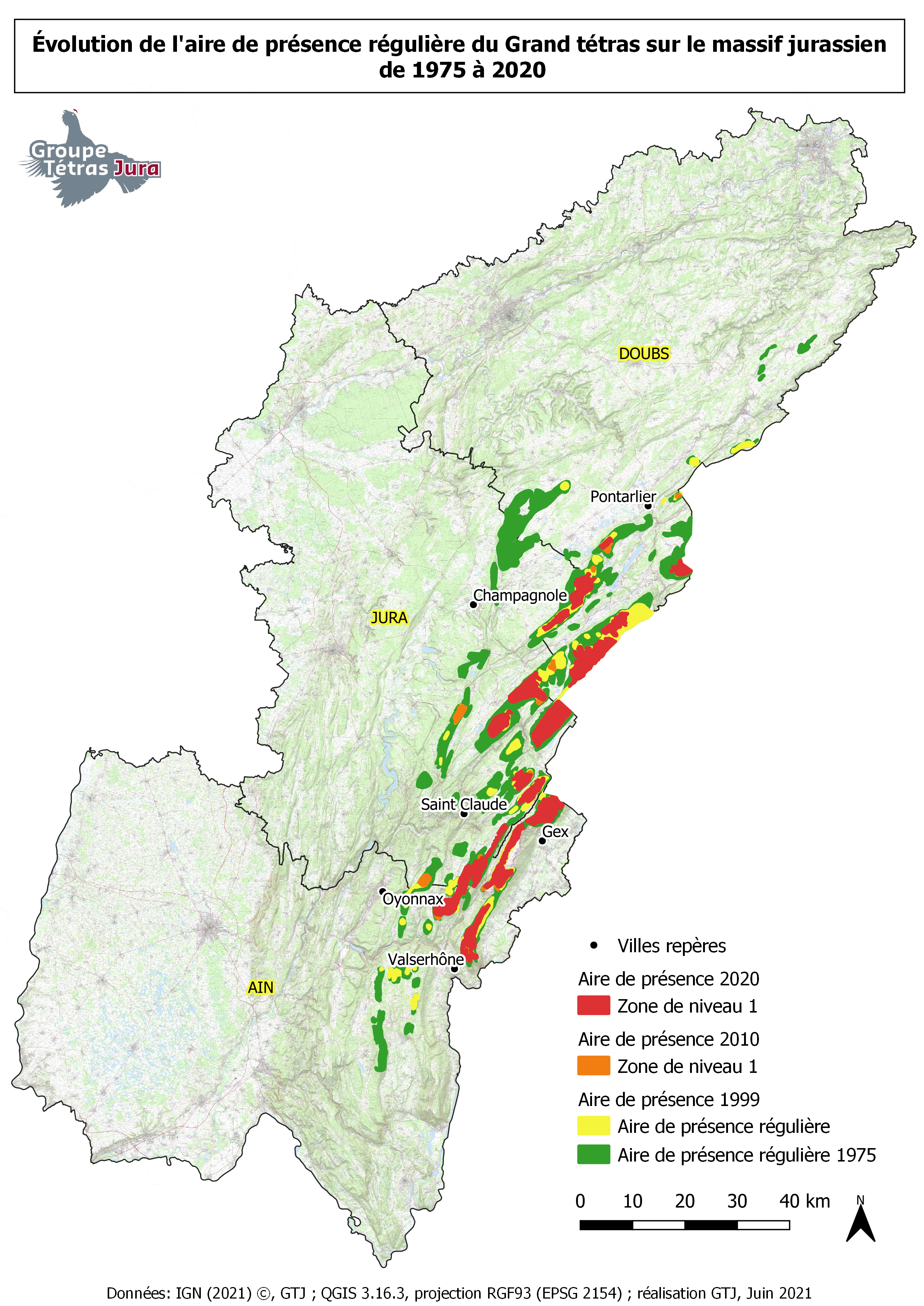 Évolution de l'aire de présence régulière du Grand tétras sur le massif jurassien de 1975 à 2020 Évolution de l'aire de présence régulière du Grand tétras sur le massif jurassien de 1975 à 2020